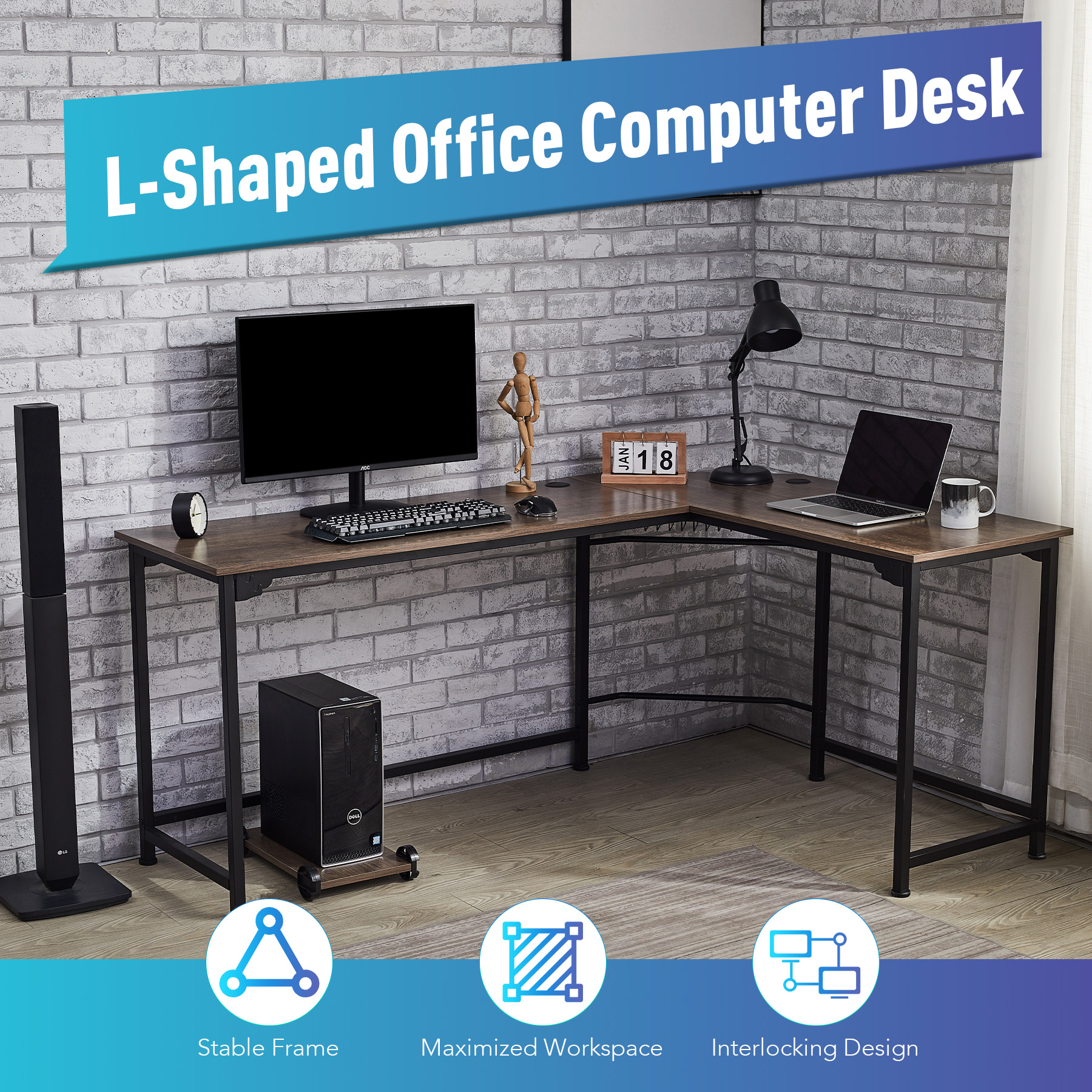 L Shaped Gaming Desk With Computer Tower Shelf Cable Management Walnut Walmart Com Walmart Com