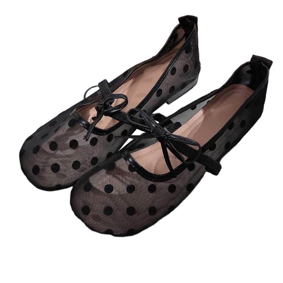 YgkuHd Slip-On Flats for Women French Mesh Polka Dot Bowknot Round Toe Shoes with Breathable Mesh Upper, Trendy Plus Size Spring Summer Casual Footwear,Black_36