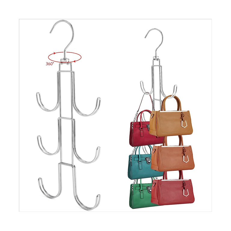 Nogis 360 Rotating Purse Hangers, 2 Pack Purse Organizer for Closet, Silver Metal Bag Holder Storage Hooks, Portable Purse Racks for Hanging Purses