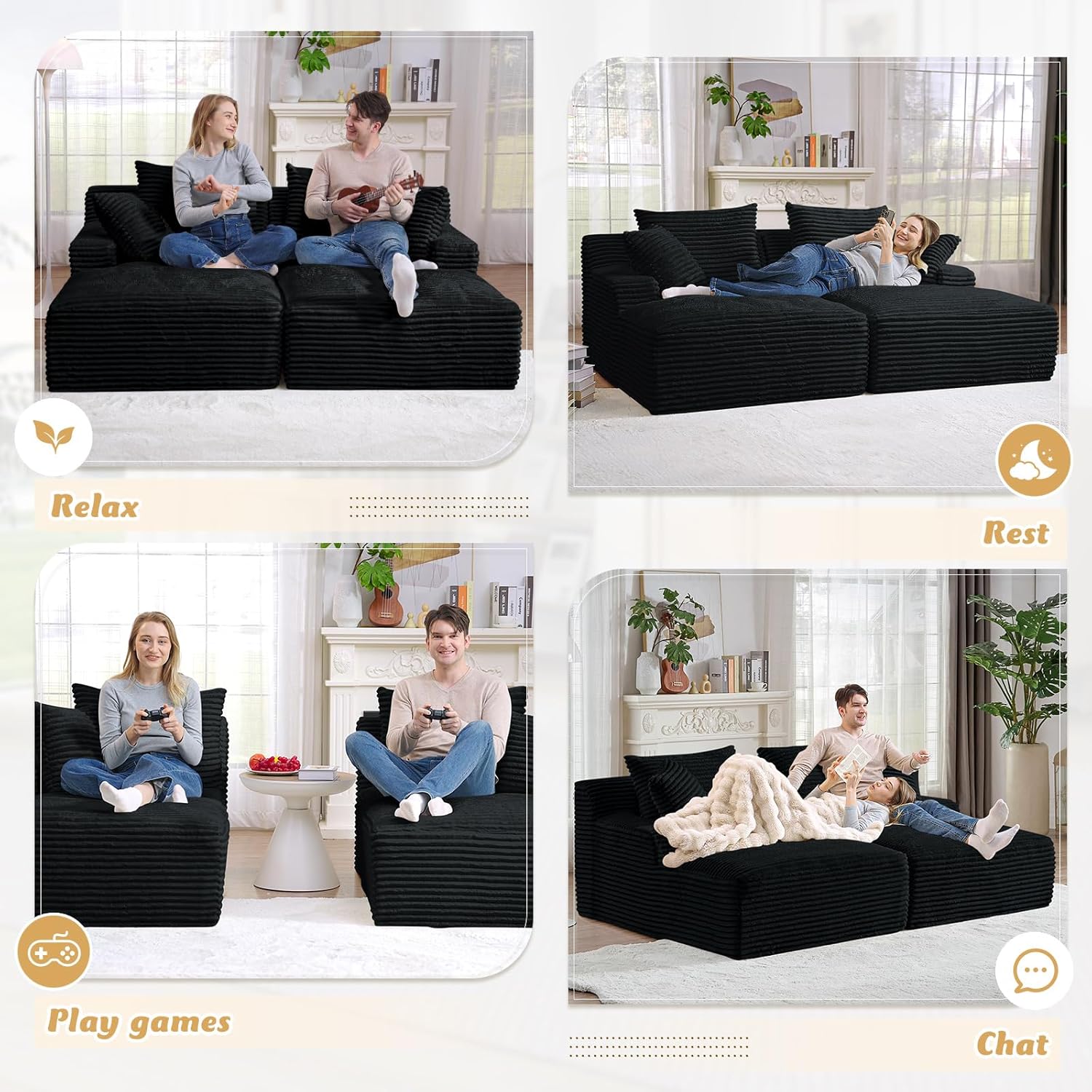 AENKYO Compressible Double Chaise Lounge Sectional Couch - Fluffy Upholstered 2-Seater Loveseat for Living Room, Bedroom, No Assembly Required, Black