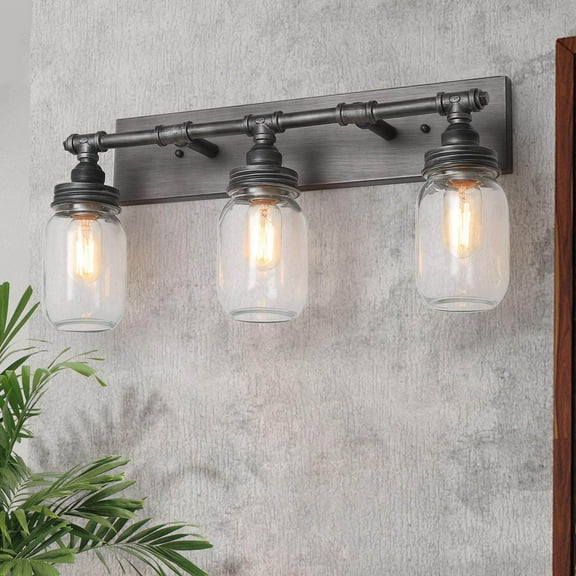 LNC 3-Light Brushed Gray Farmhouse Bathroom Vanity Light with Mason Jar Glass