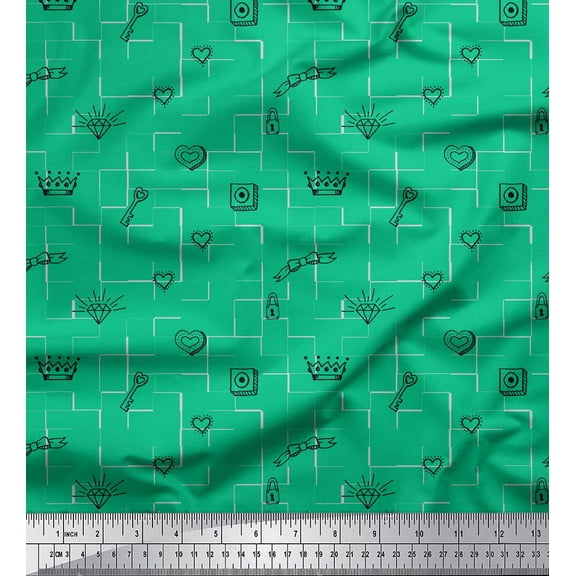 Soimoi Green Cotton Voile Fabric Heart & Crown Clip Art Decor Fabric Printed Yard 42 Inch Wide