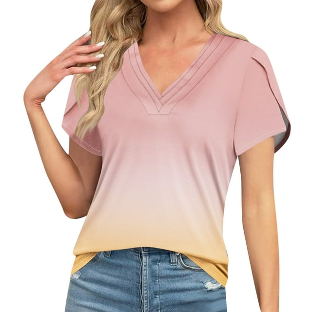 Women's Loose V-Neck Gradient Print Short Sleeve Tops ,Pink-A L