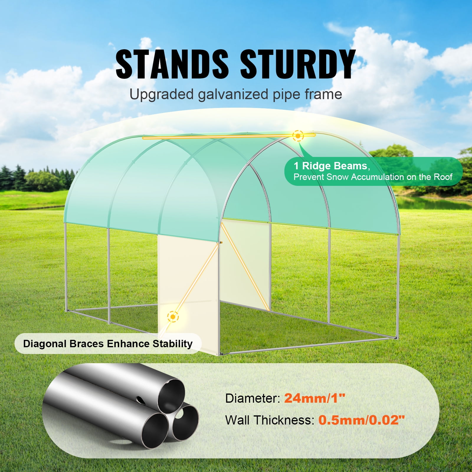 KFFKFF Stroll-In Tunnel Greenhouse, Dimensions 9.6x6.4x6.2 ft, Hoop House Greenhouse Passage, Plant Warm House with Galvanized Steel Structure, Green PE Shield, Roll-Up Zipper Entrance and 6 Windows