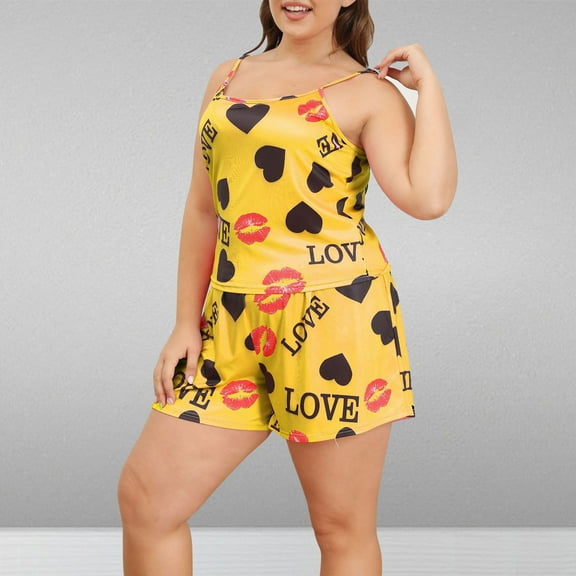 ZhiZhuang Pajamas Set for Women,Womens Plus Size Pajama Set Love Printed Sleeveless Tank Tops with Shorts Set Sleepwear Loungewear Outfits XL-5XL