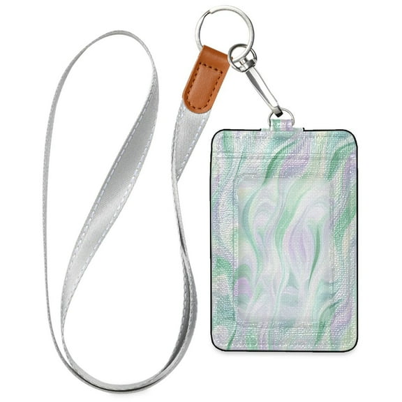 PU Leather ID Badge Holder Stylish Badge Holders with Lanyard (4.3x2.8x0.3in) for Cards & Credentials Light Green Ripple