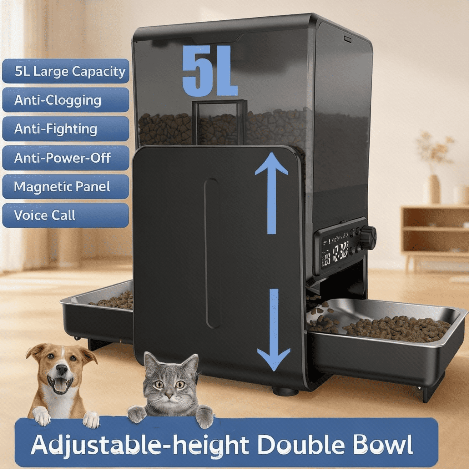 Dlopede Automatic Cat Feeder,5L,Bowls Timed Treat, Adjustable Height, 2 304 Stainless Steel Dual Pet Bowls for 2 Cats and Dogs
