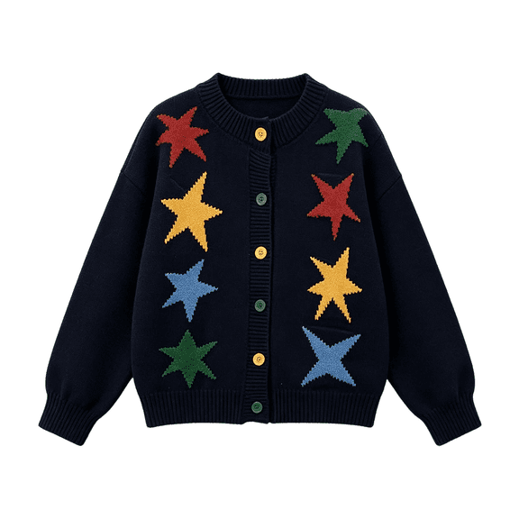 Girls Colorful Star Knit Cardigan Kids Long Sleeve Neck Button down Sweater Jacket Casual Loose Cheer Jacket School Sweater