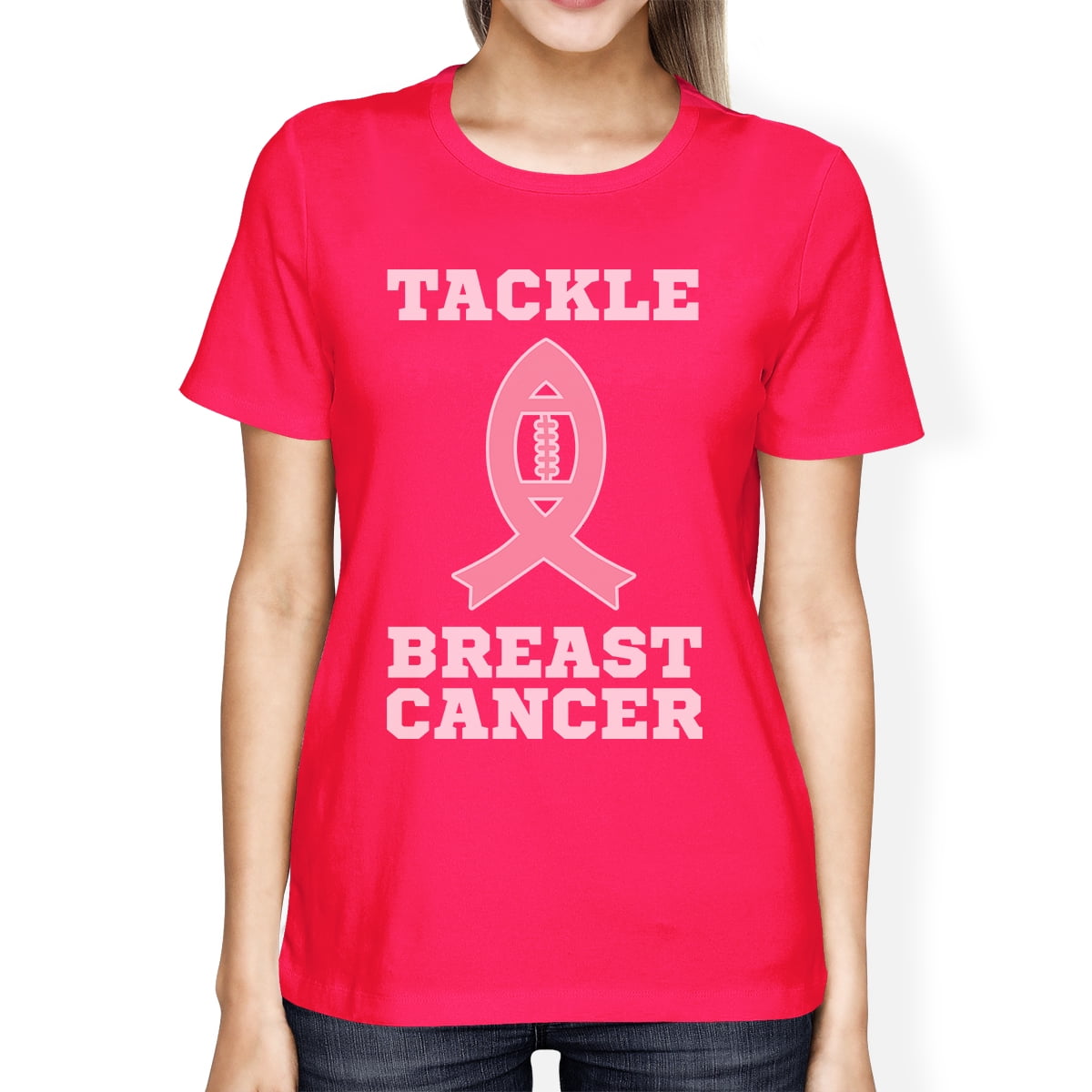 Tackle Breast Cancer Womens Hot Pink Breast Cancer Support T-Shirt