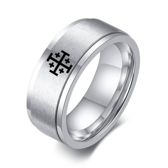 Jerusalem Crusaders Cross Templar Spinner Ring Men's Stainless Steel Greek Crosses Symbol of Christ's Command Rotatable Anxiety Relieve Ring Medieval Christian Jewelry for Protection, Silver, Size 8