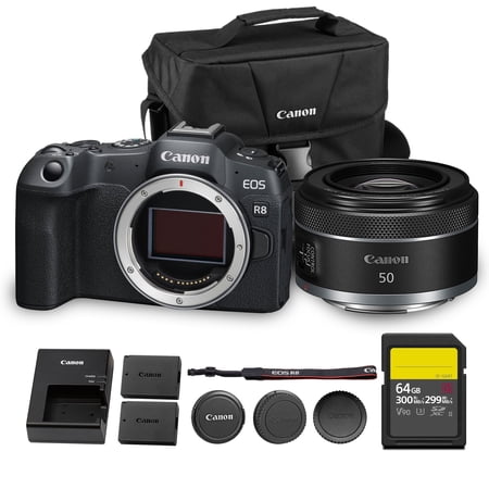 Canon EOS R8 Mirrorless Camera | 24.2MP Full Frame Sensor 4K 60p Video | Compact Lightweight Hybrid Camera for Travel and Content (5803C002) + Canon RF 50mm f/1.8 STM Lens + 64GB Card + More
