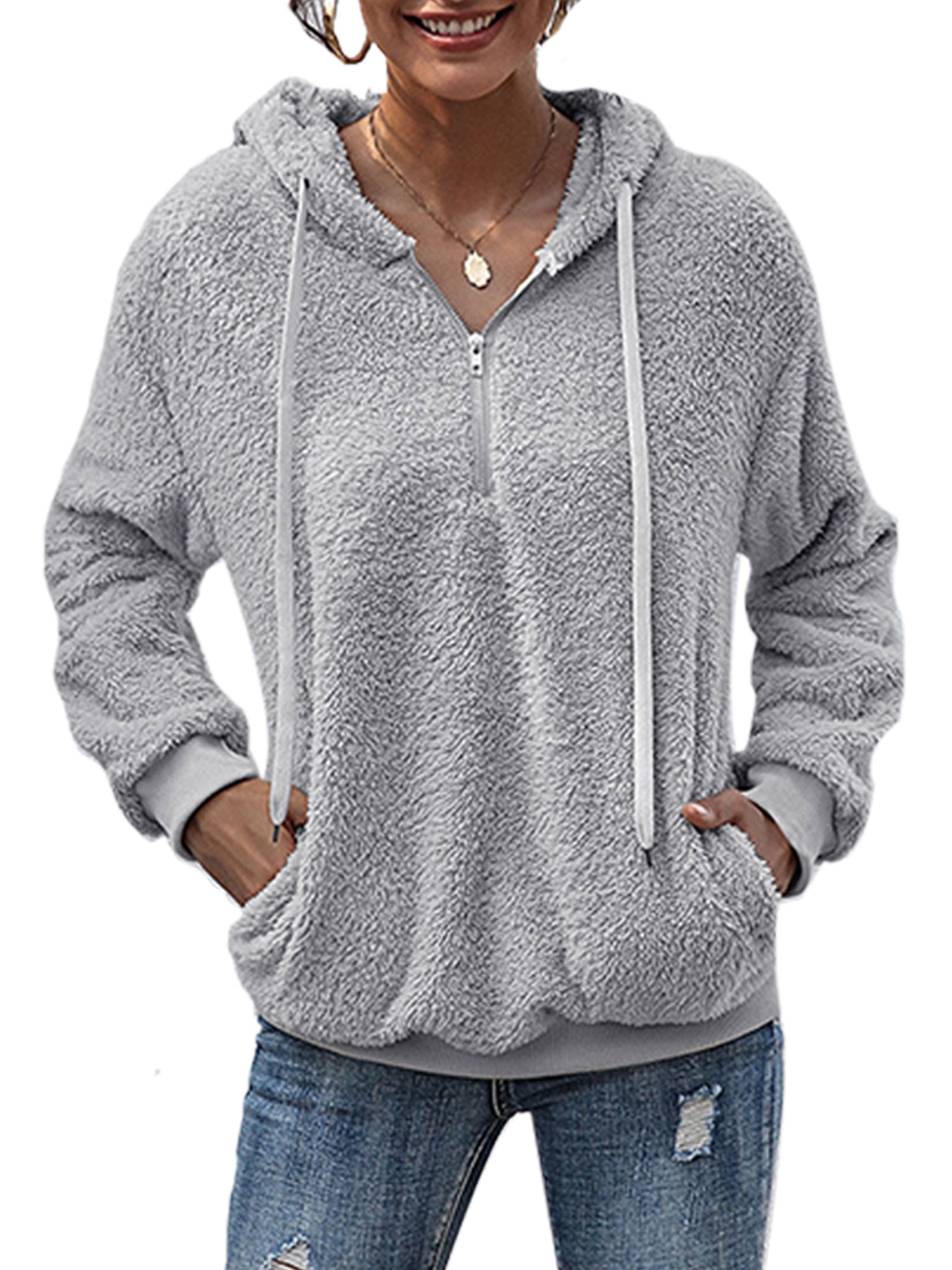 Womens Sherpa Pullover Fuzzy Fleece Sweatshirt Casual Sport Hoodie With ...