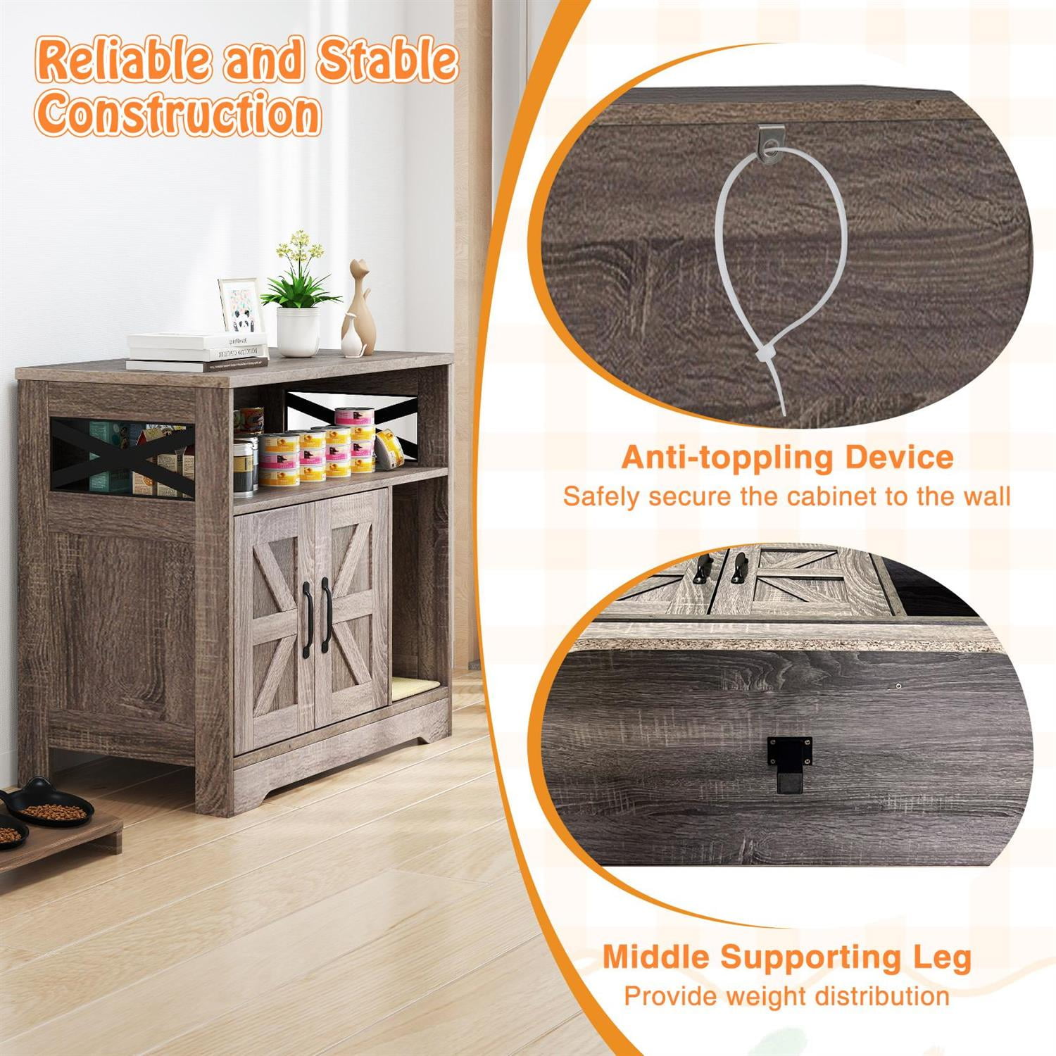 Pefilos Hidden Cat Litter Box Enclosure, Storage Space & Sisal Mat, Anti-Toppling Design, Grey