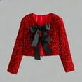 thumbnail image 2 of Women Tie Front Sequin Jacket Long Sleeve Sparkly Cropped Coat Outwear with Bow Party Bow Party Concert Night Club (XS, Red), 2 of 9