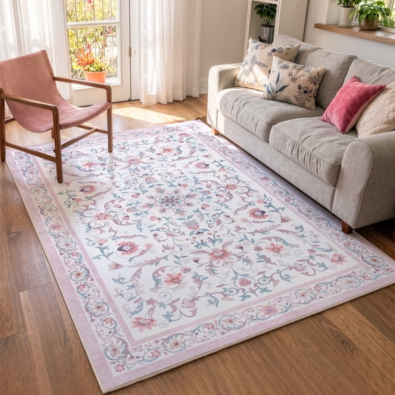 Lahome Washable 5'x7' Area Rug, Pink Vintage Floral Rugs for Living Room, Soft Non-Slip Botanical Carpet for Bedroom Girls Teens, Boho Flower Nursery Playroom Dorm Decor, Pink