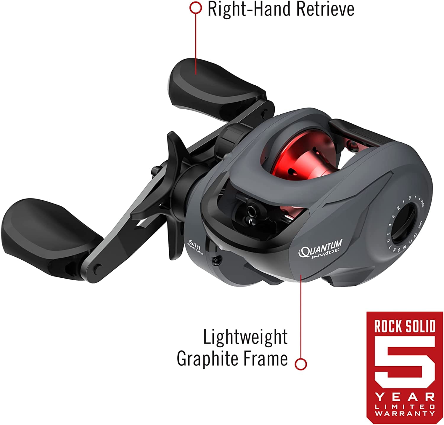Quantum Invade Baitcasting Reel and Fishing Rod Combo, 6-Foot 6-Inch 2-Piece IM6 Graphite Baitcast Fishing Pole, Split-Grip EVA Handle, Size 100 Reel, Right-Hand Retrieve, 6.1:1 Gear Ratio, Dark Gray