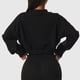 thumbnail image 4 of Sudadera recortada para mujer, jersey, puños acanalados, cuello en V, hombros caídos, Color puro, Top corto de manga larga para deportes, negro XL, 4 of 6