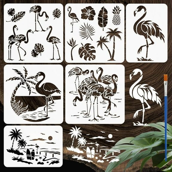 6 PCS Flamingos Scenes Stencil for Painting with Brush 2 Sizes Reusable Animal Birds Sea Template Hollowed Coco Flower Pineapple Stencil Plastic PET Animal Theme Template for DIY Decor