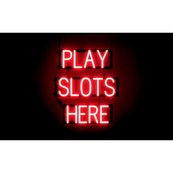SpellBrite PLAY SLOTS HERE LED Sign for Business. 20.3" x 23.8" Red PLAY SLOTS HERE Sign Has Neon Sign Look With Energy Efficient LED Light Source. Visible from 500 Feet, 8 Animation Settings.