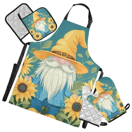 Dwarf and Sunflowers 5 Pcs Kitchen Set Heat Resistant Oven Mitts and Non-Slip Pot Holders with Adjustable Cooking Apron