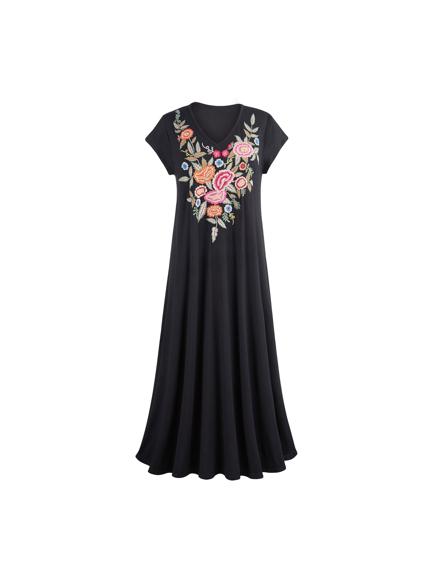Caite Womens Embroidered T-Shirt Dress - Ana Black Floral Short Sleeve ...