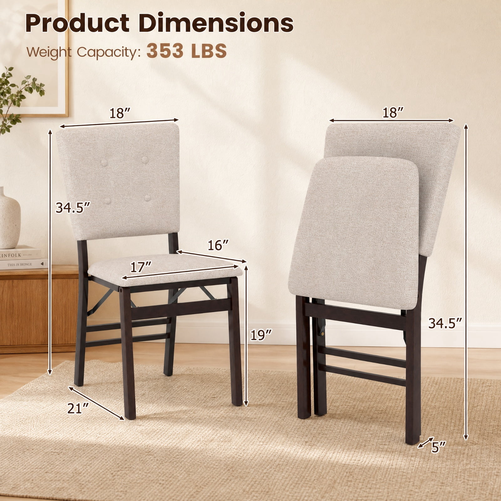 Furnibear Foldable Dining Chair Set of 2 Armless Kitchen Chair with Padded Seat and Tilt Backrest for Kitchen Dining Room Living Room Home, Beige