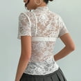 thumbnail image 4 of TKLPEHG Womens Summer Tops Half High Collar Lace Splicing Thin Top Leisure Solid Color Graphic Tee Short Sleeve Blouses Fashion Lightweight Regular Blouses (White,S), 4 of 9