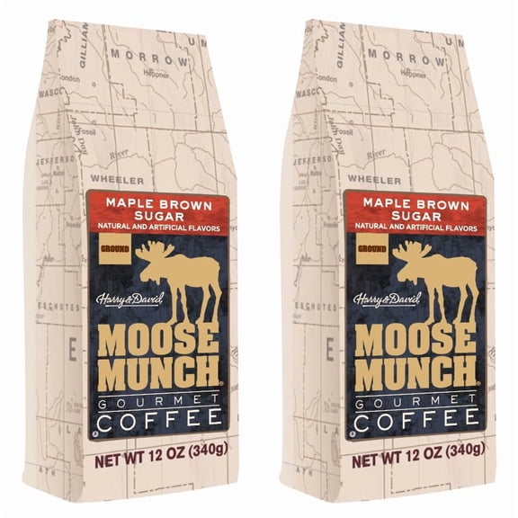 Moose Munch Maple Brown Sugar Ground Coffee – 2 Pack, 12 oz Bags – Cozy Maple Sweetness with Brown Sugar Flavored Medium Roast Coffee