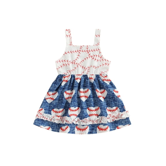 Wassery Toddler Girls Dress 3M 6M 9M 12M 24M 3T Infant Baby Summer Casual Sling Dress Baseball Print Sleeveless Dress Fashion Frills Princess A-line Dress