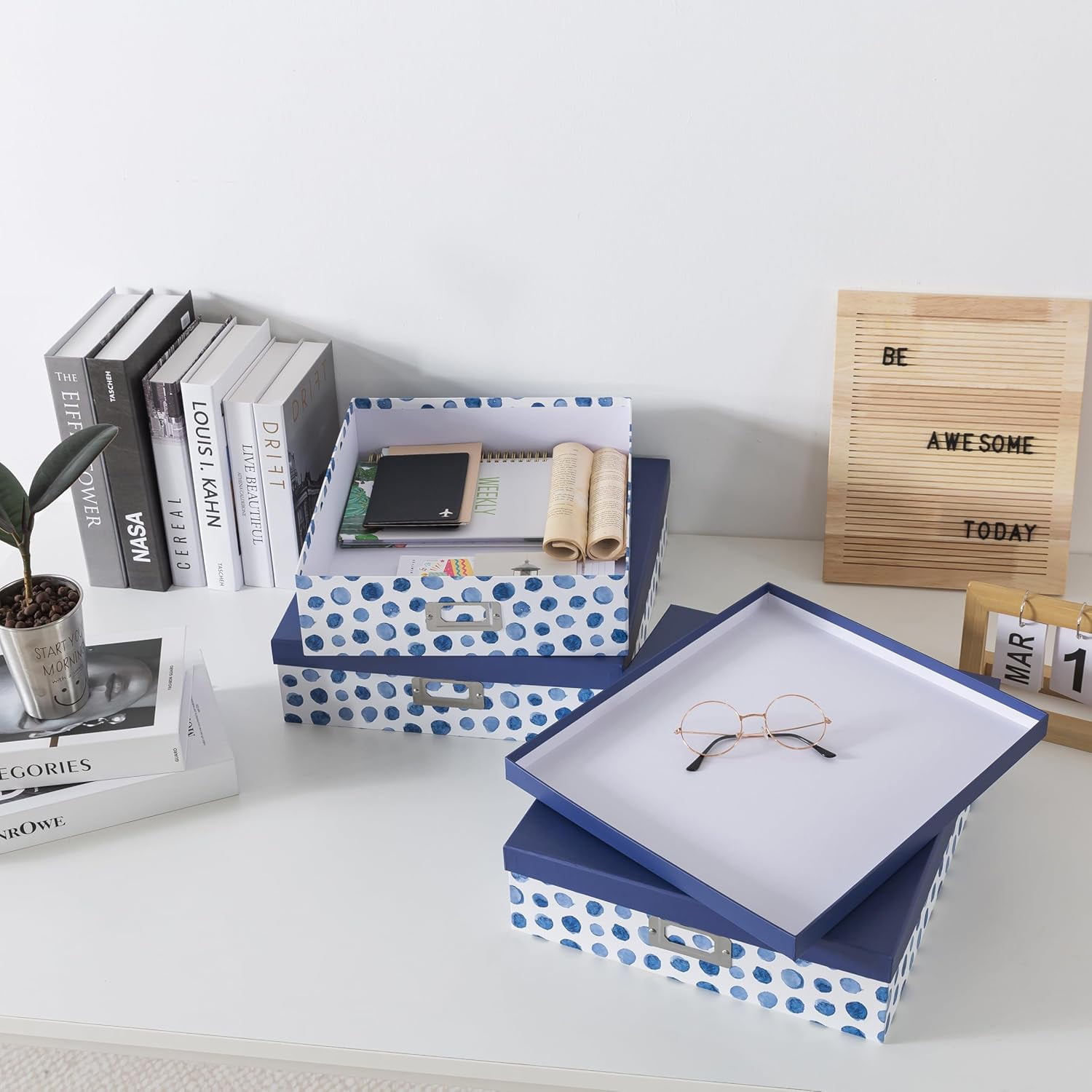 Blue Spots Decorative Storage Boxes with Lids, Set of 3 Memory Boxes for Keepsakes, Nesting Letter Cardboard Document Storage for Organizing, Photos, Scrapbook