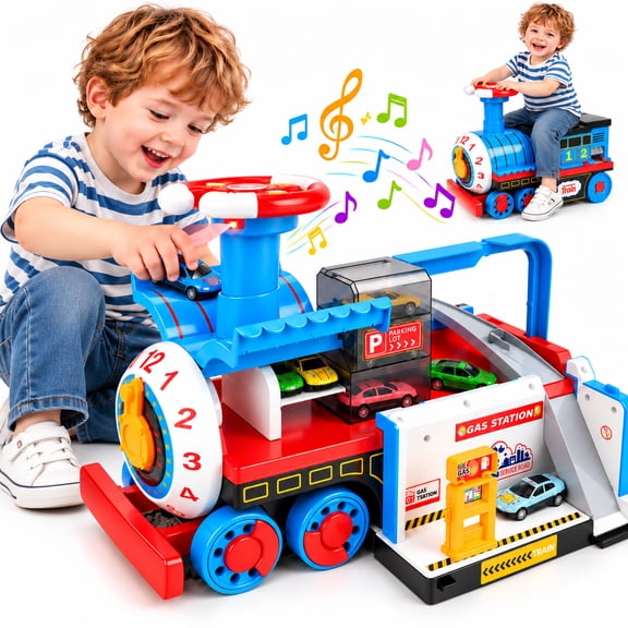 WonderStone 4-in-1 Ride-On Push Car, Transformable Train Toy with Steering Wheel, Horn & Music, Foot-to-Floor Riding Toy for Boys and Girls Ages 1–3, Blue