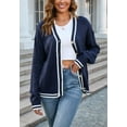 thumbnail image 2 of Contrast Varsity Striped Button Up Cardigan Sweater Long Sleeve for Women Navy Large, 2 of 5