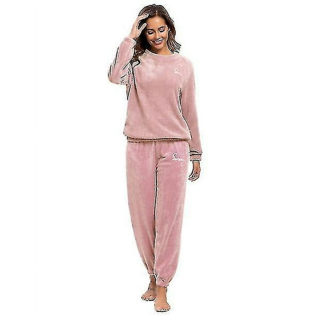 Pyjama d'Hiver Chaud Grande Taille Haut en Molleton Pantalon Col Rond Ensemble de Pyjama Doux