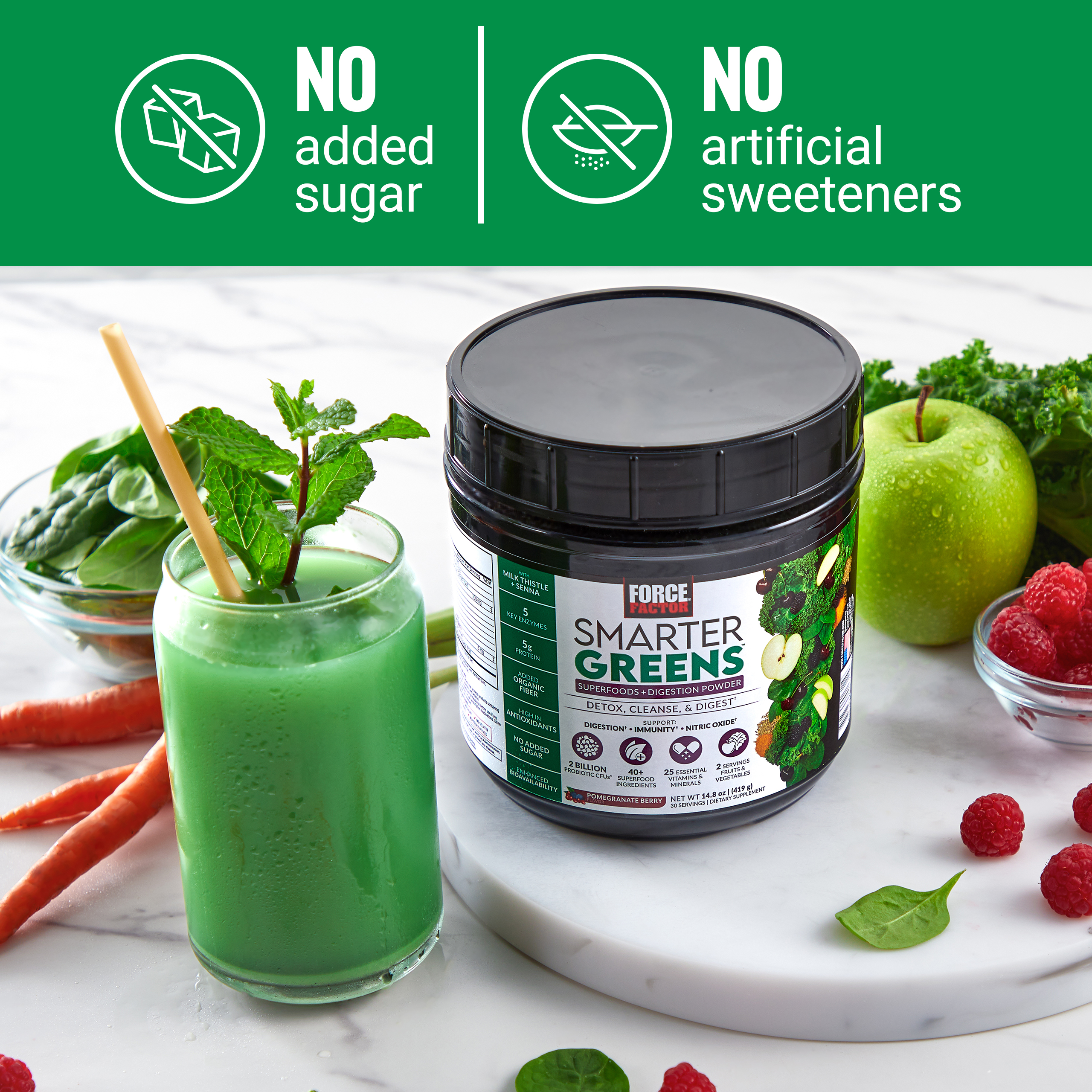 Force Factor Smarter Greens Superfoods Digestion Powder, Greens Powder with Probiotics & Enzymes to Support Digestion & Gut Health, 30 Servings