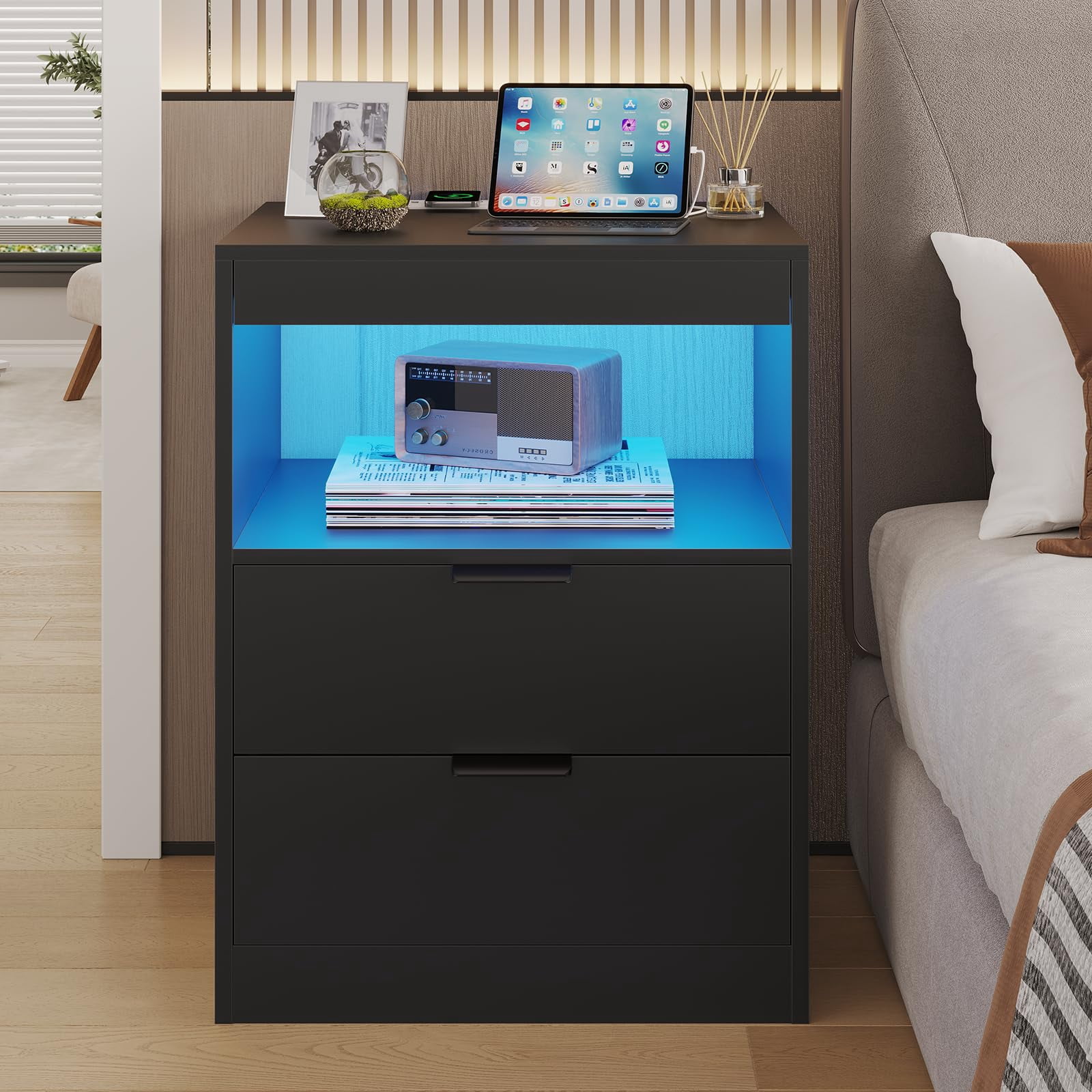 Black Nightstand Set of 2, Nightstand with LED Light and Wireless Charging Station, Night Stand with Drawers & Pull-Out Shelf, Modern Bedside Table with Storage, End Table Side Table