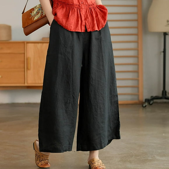 CFLVAEK Plus Size Womens Cotton Linen Culottes with Pockets Elastic Waist Yoga Pant Baggy High Rise Drawstring Trousers Casual Wide Leg Palazzo Pants