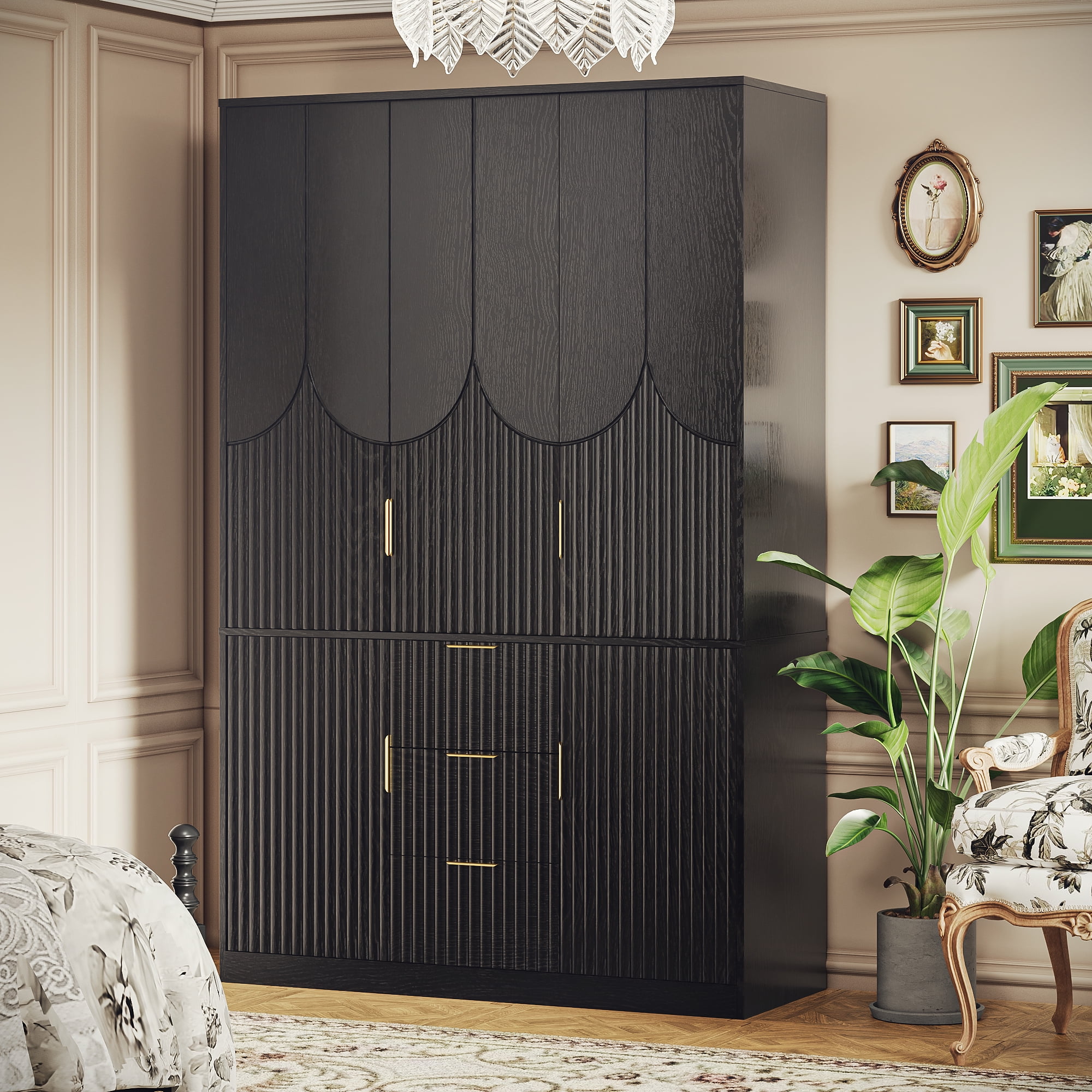 UGTOO 47.2" Wardrobe Closet with 3 Hanging Rods, 3 Drawers & 2 Cabinets - Modern Wooden Storage Armoire for Bedroom, Black
