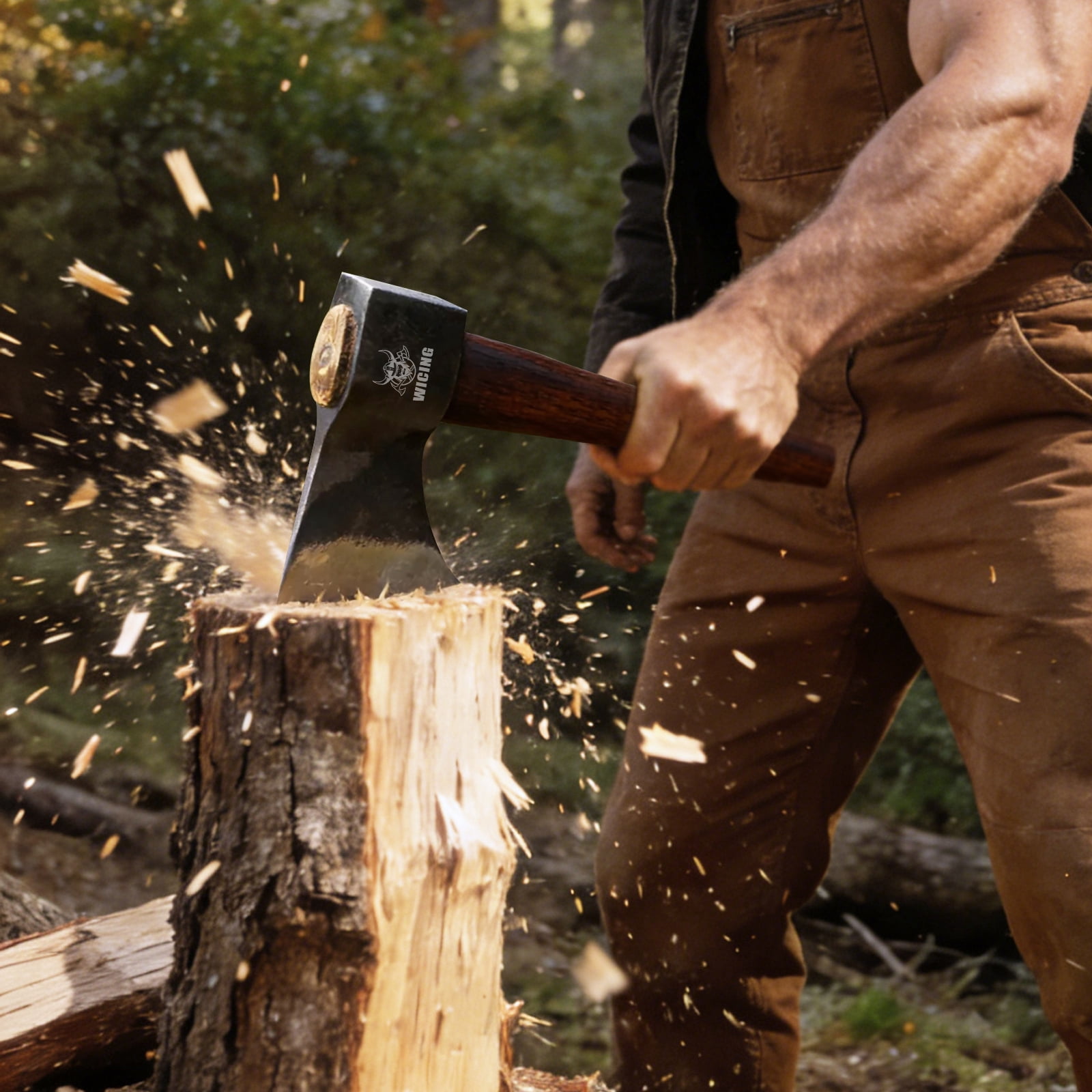 WICING 15.7" Hatchet, 1065 Manganese Steel Blade with Beech Wood Handle, Balanced Hand Axe for Outdoor Use
