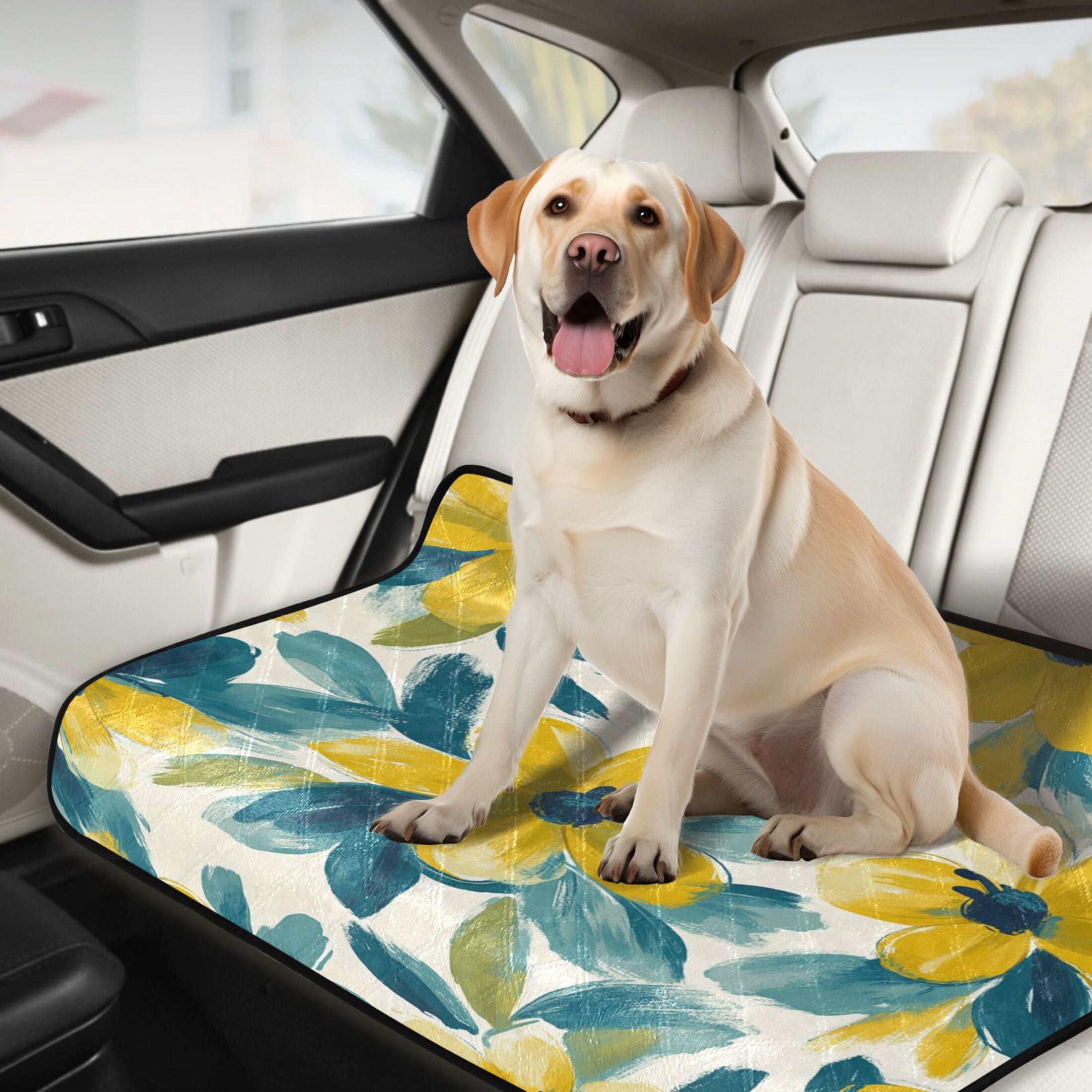 Qxltty Yellow and Teal Flowers Cat litter Pads Pet Set of 2 Diaper Mats Center Anti-leakage Layer Absorbent Soft and Comfortable