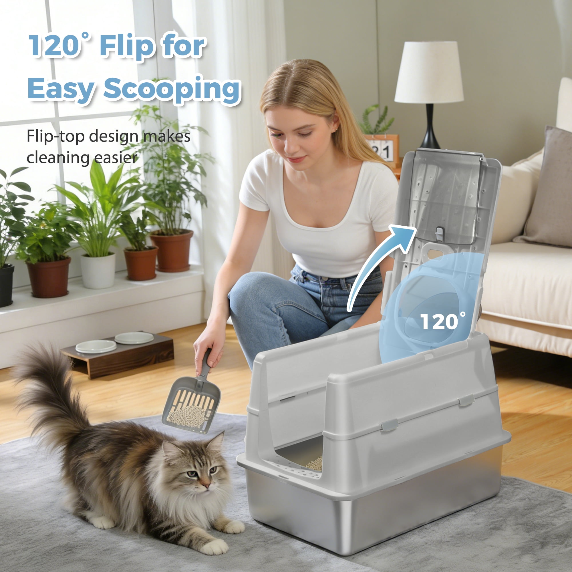 PAWZ Road Stainless Steel Litter Box, Enclosed Large Cat Litter Box with Scoop, Odor Control Easy Clean, Gray