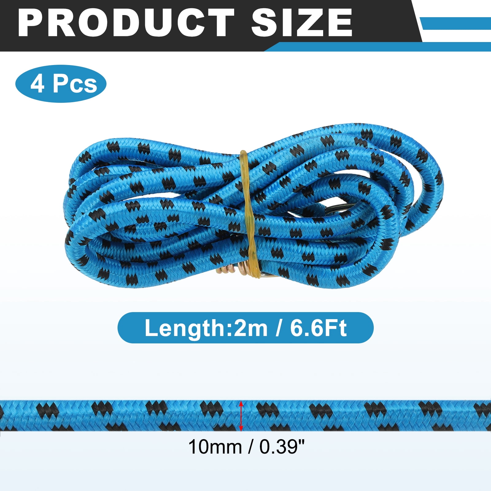 Uxcell 3/8" x 6.6ft Marine Grade Bungee Cord with Hooks, 4Pcs Rubber Heavy Duty Outdoor Elastic Straps Kayak Stretch String Rope for Securing Luggage Moving Cargo, Blue