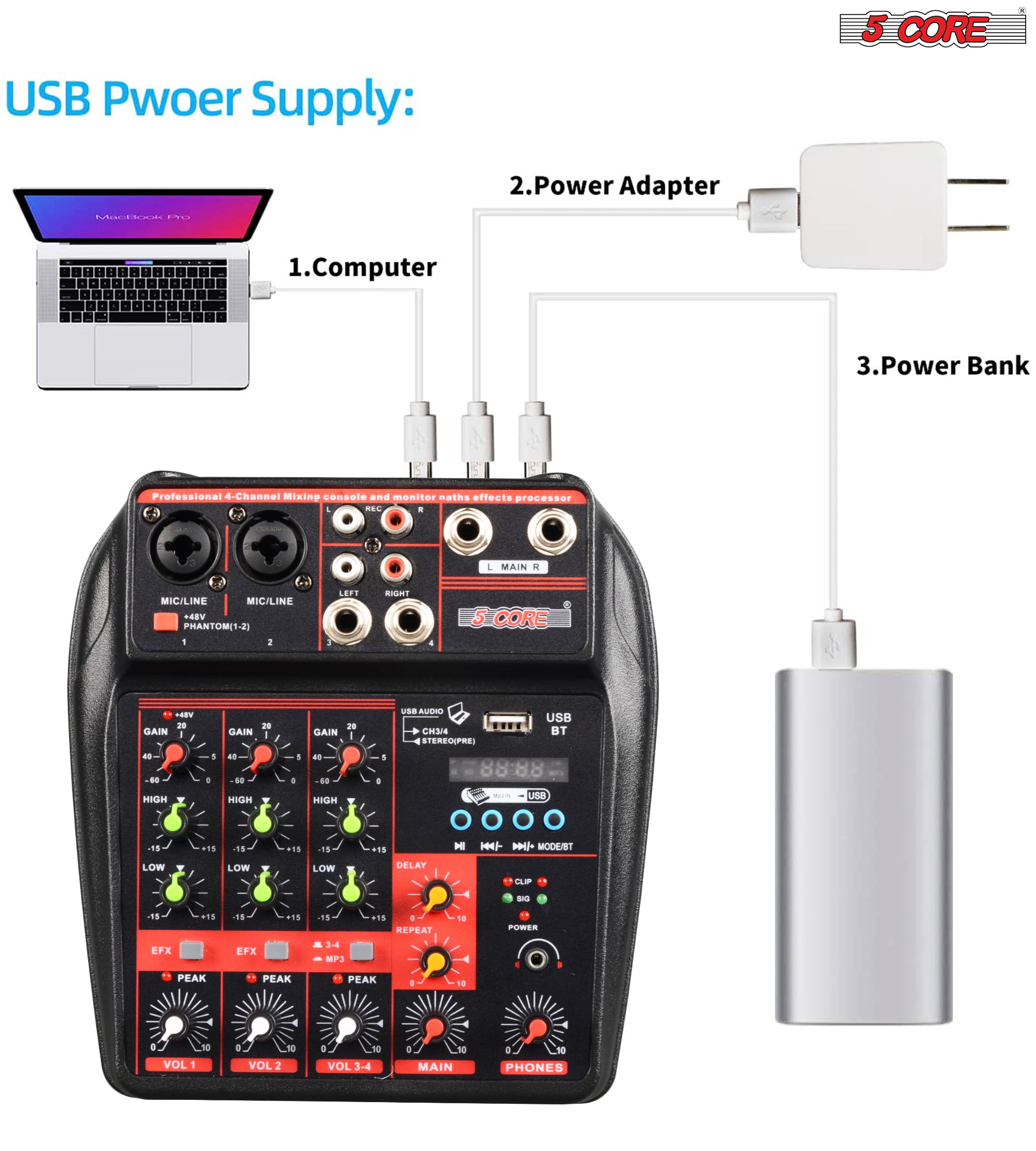 DJ PA MIXER 4/5 canali mixer USB mp3 player Bluetooth recording Stereo Mic in 