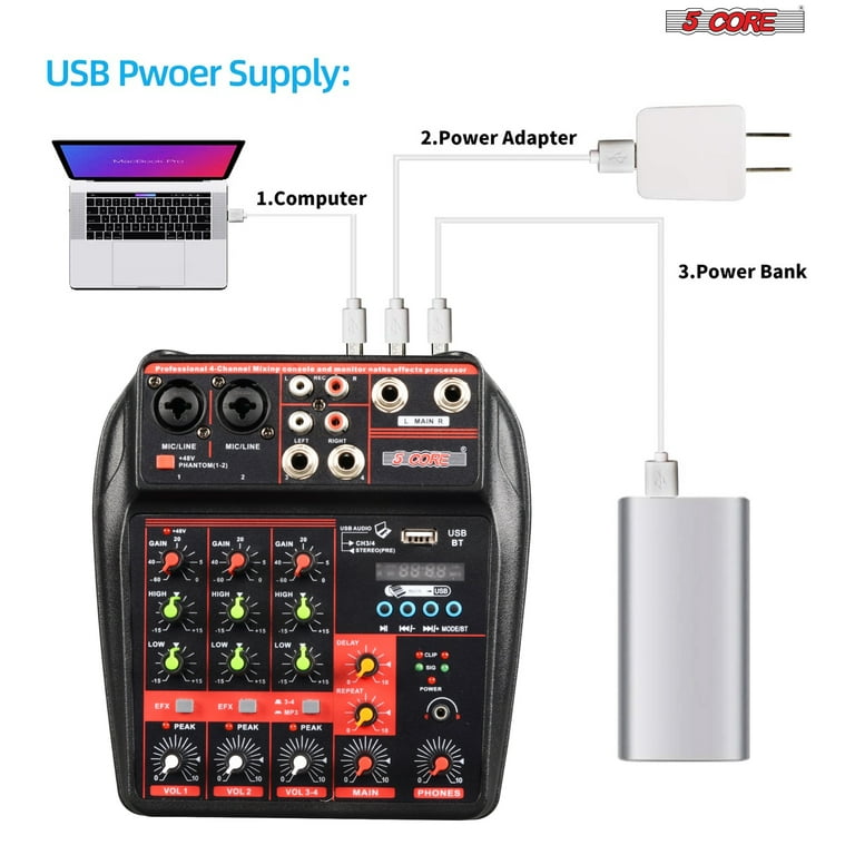 Mic 2U Mini Audio Mixer Broadcast Podcast 4 Channels Volume Control  Powerful Power Adapter/Charging Bank Dual Use Mini Mixer