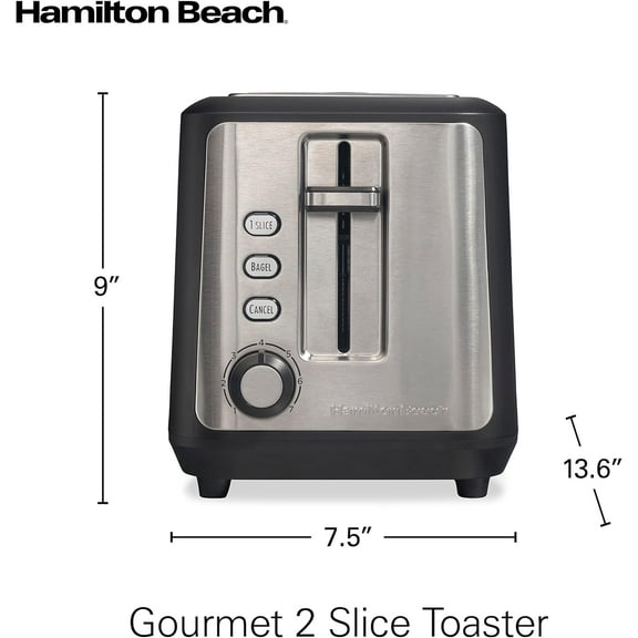 Gourmet 2 Slice Slot Toaster with Extra Long & Wide Slots, Sure-Toast Technology, Shade Selector with 7 Browning Levels, Bagel Setting, Matte Black and Stainless Steel (22996)