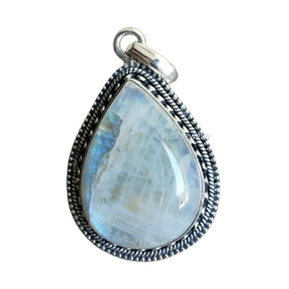 Pure 925 Sterling Silver Pendant For Men Women, Genuine Rainbow Moonstone Pear Gemstone Beautiful Handcrafted June Birthstone Pendant
