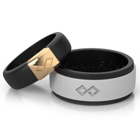 Rinfit Silicone Rings for Women & Men; Silicone Wedding Bands Women or Men; Couple Sets; Rubber Wedding Rings for Women & Men; Great for Sports, Yoga and Exercise; Black and White; Set #9