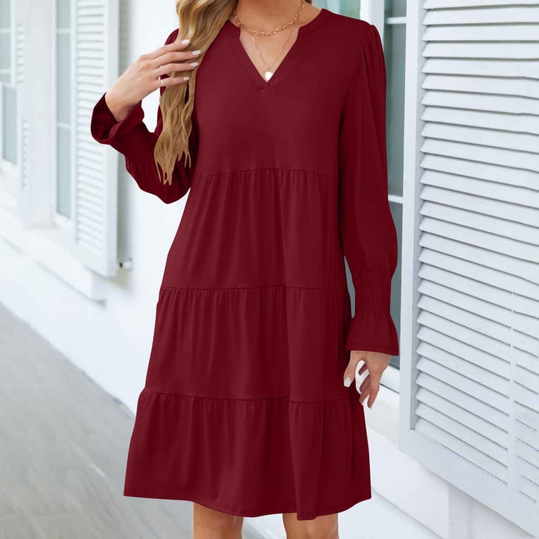 Sparkly Dresses for Women Women's Summer Comfort Fashion Fold Solid Color  Long Sleeve Round-Neck Dress House Dresses for Older Women S-148 Wine L -  Walmart.com