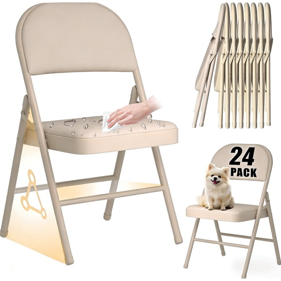 Metal Folding Chairs 24 Pack, Portable Stackable Seat with Steel Frame and Soft PU Cushion, Foldable Party Chair Set for Office, Waiting Room, Party (Padded-Beige, 24 Pack)