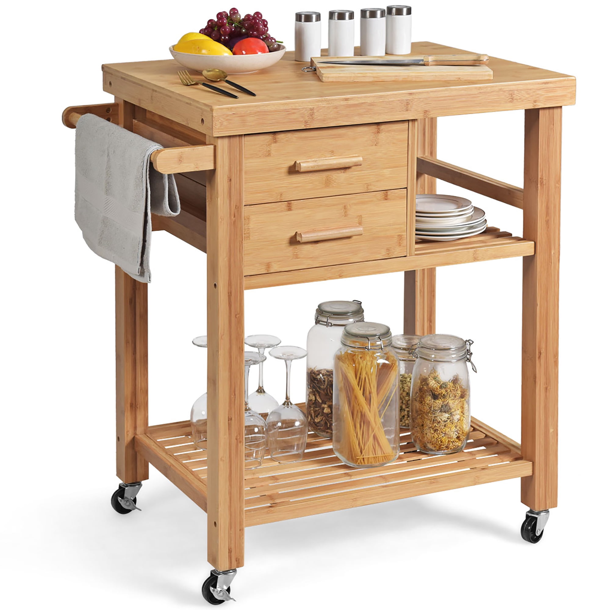 Locking Casters Open Storage Shelves Towel Rack MELLCOM Rolling Bamboo Wood Kitchen Island Cart Multi-Purpose Kitchen Trolley Cart on Wheels Rolling Kitchen Cart with Drawers