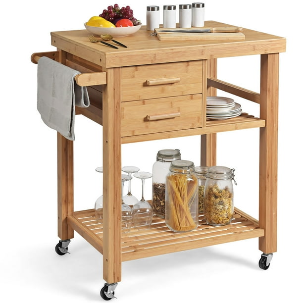 Costway Bamboo Kitchen Trolley Cart, Kitchen Island Cart With Drawer